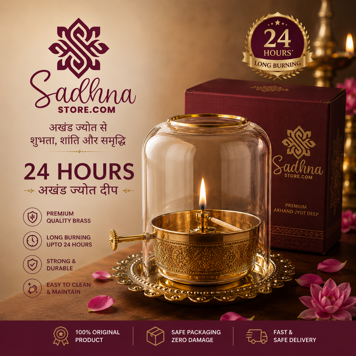 Durga Puja Special Brass Akhand Jyot Diya | 9 Days अखंड ज्योत के लिए Premium Adjustable Bati दीपक